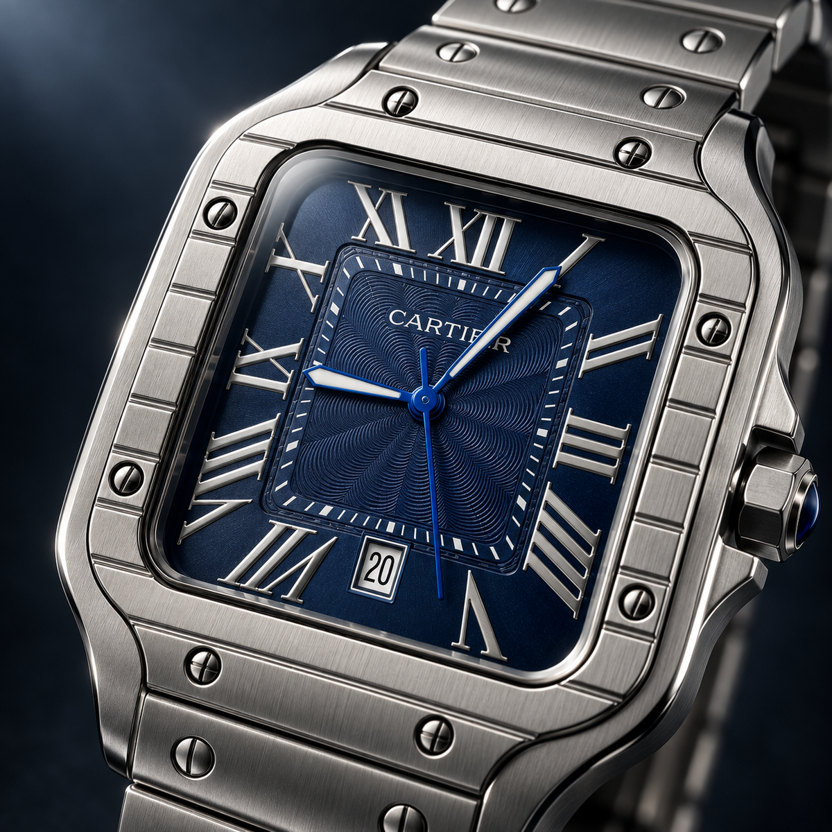 AZUR silver watch blue dial macro view